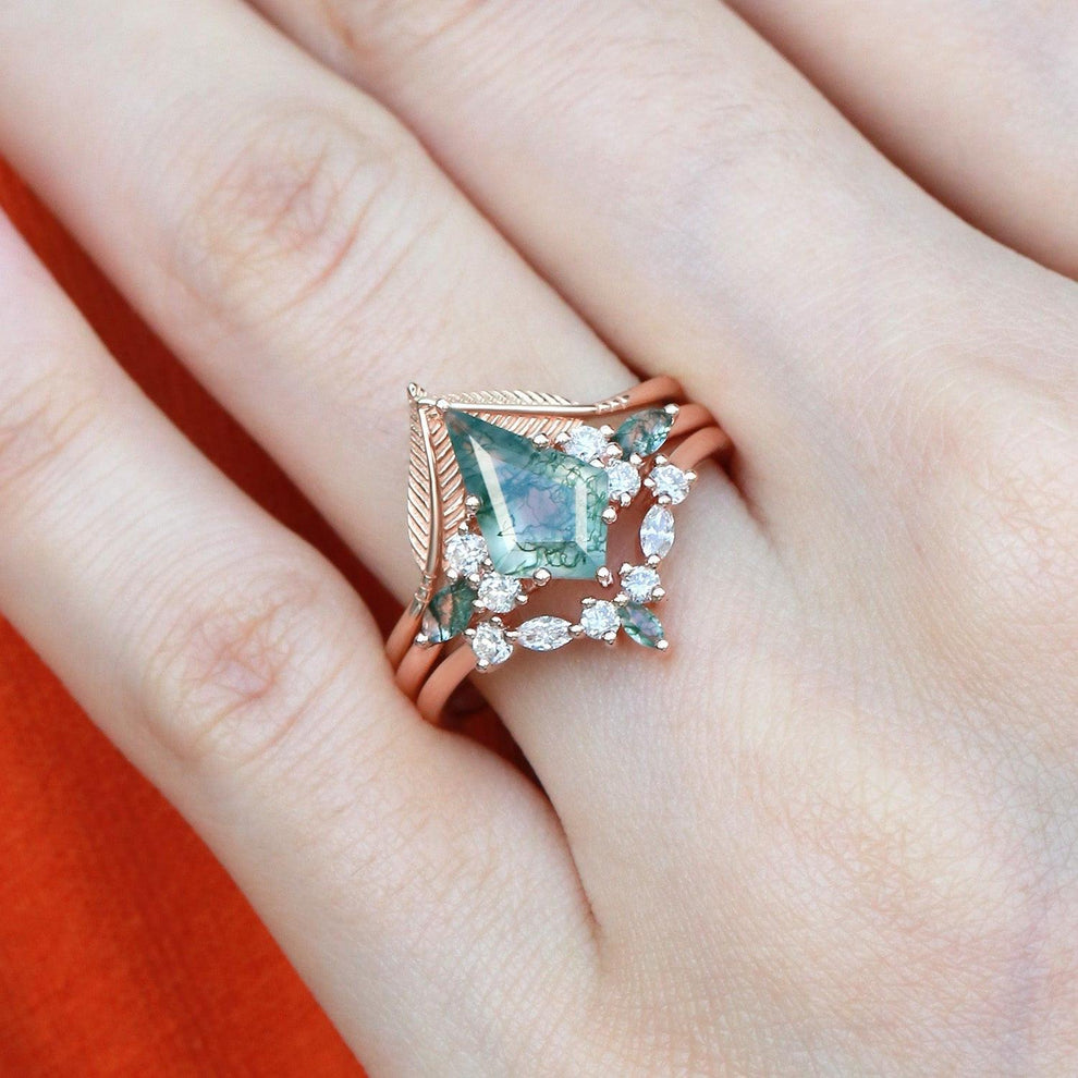 Kite Cut Green Moss Agate Three Stone Engagement Bridal Set 3pcs.