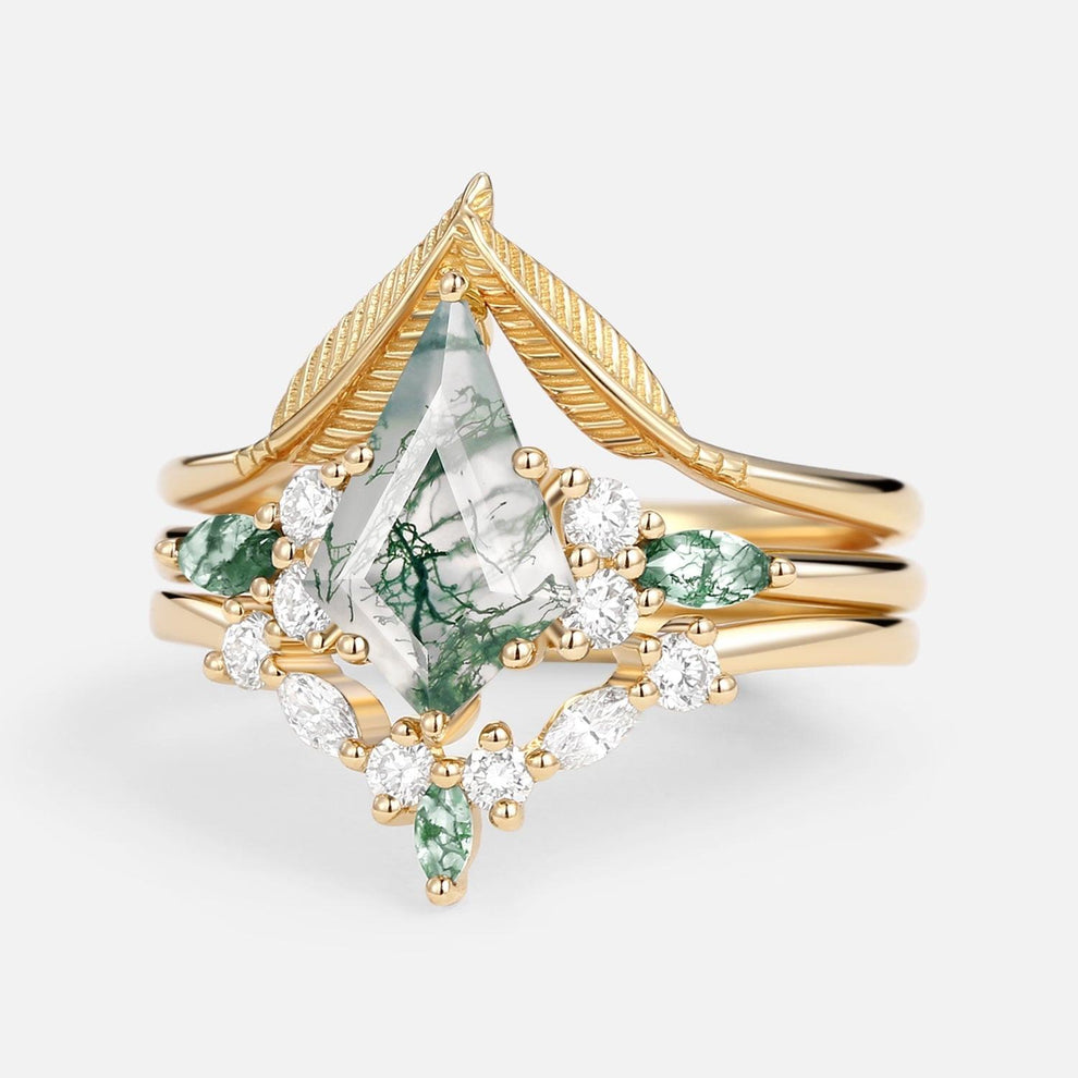 Kite Cut Green Moss Agate Three Stone Engagement Bridal Set 3pcs.