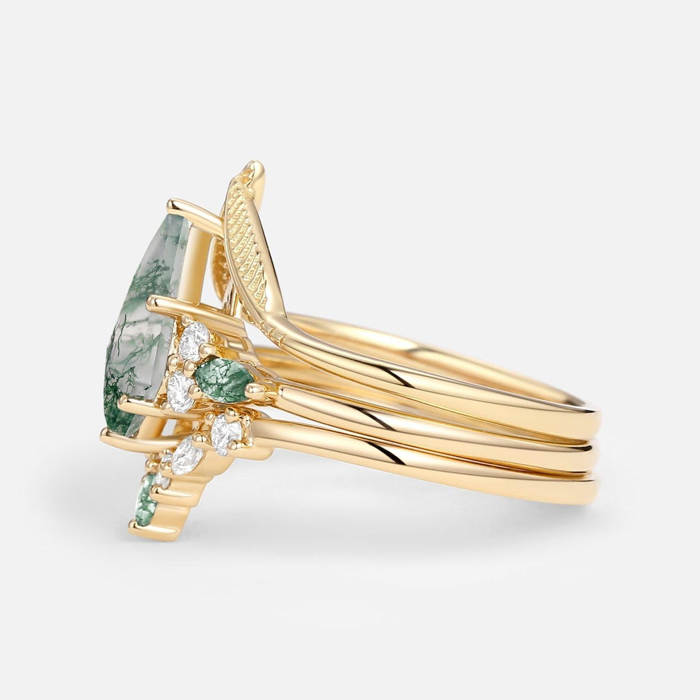 Kite Cut Green Moss Agate Three Stone Engagement Bridal Set 3pcs.
