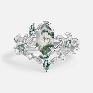 Daphne Moss Agate Hexagon Vine Emerald Engagement Ring Set 2pcs.