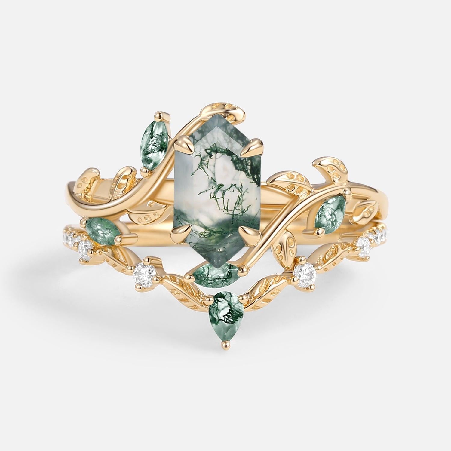 Daphne Moss Agate Hexagon Vine Emerald Engagement Ring Set 2pcs.