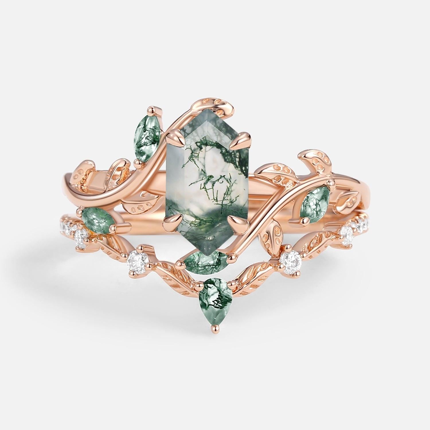 Daphne Moss Agate Hexagon Vine Emerald Engagement Ring Set 2pcs.
