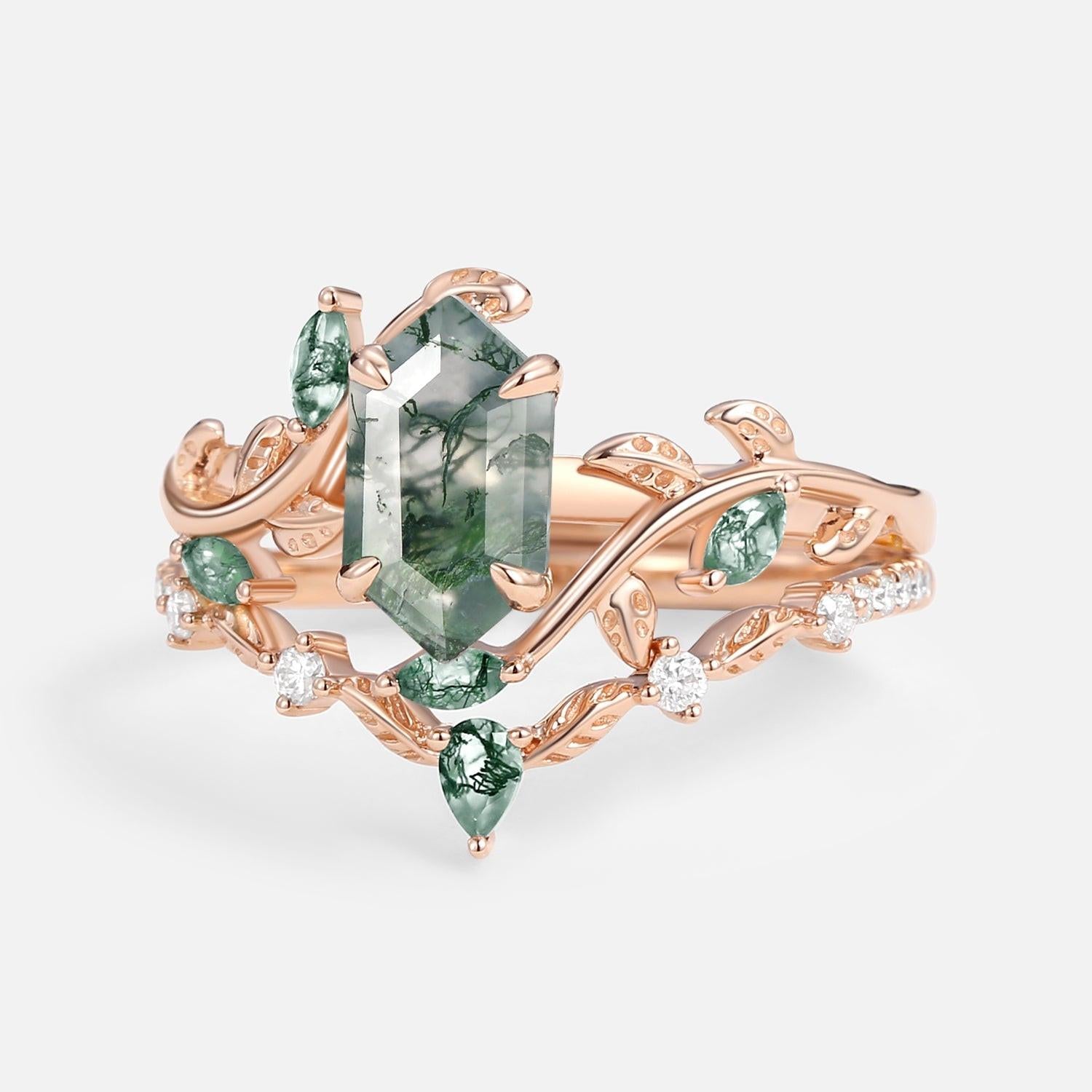 Daphne Moss Agate Hexagon Vine Emerald Engagement Ring Set 2pcs.