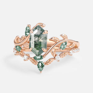 Daphne Moss Agate Hexagon Vine Emerald Engagement Ring Set 2pcs.