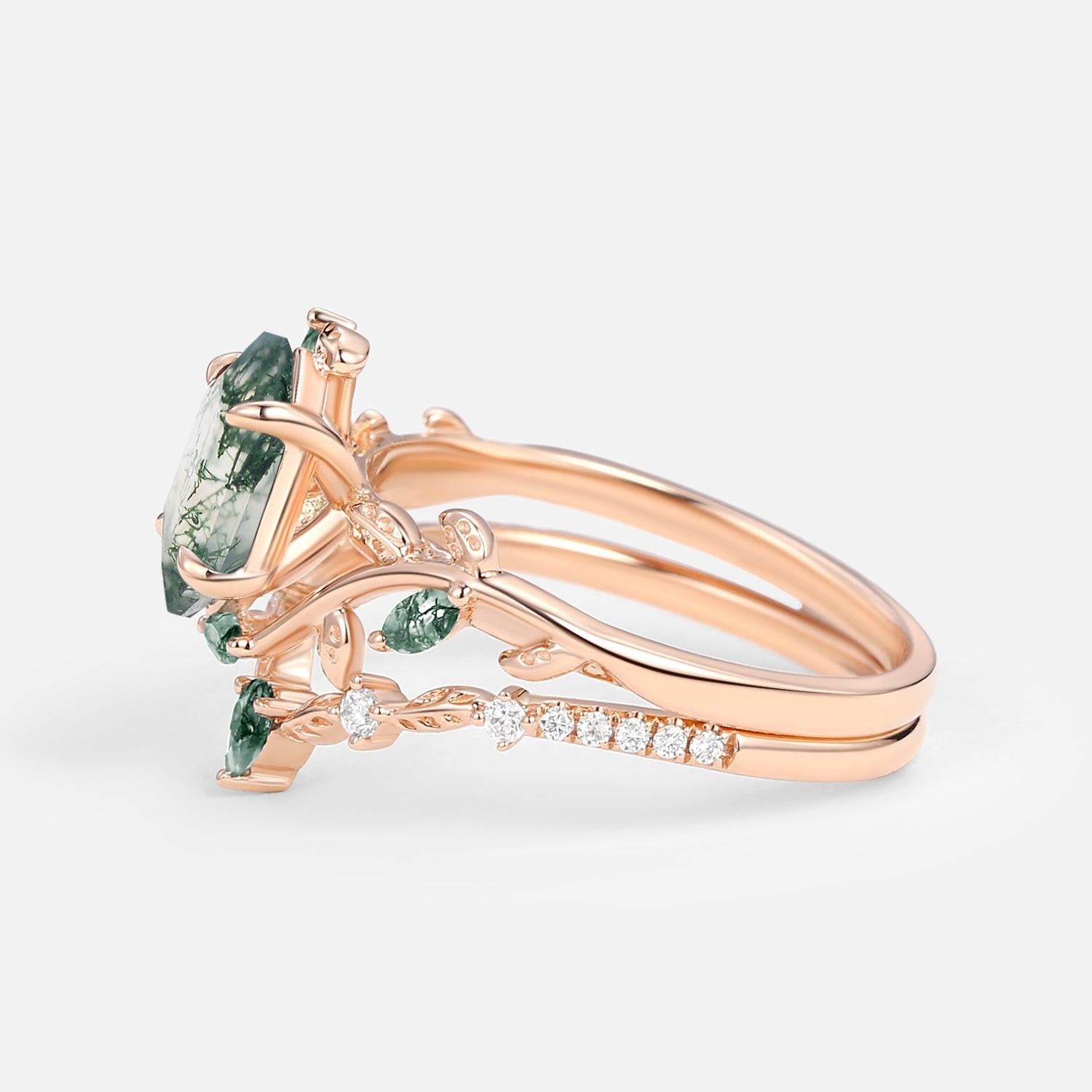 Daphne Moss Agate Hexagon Vine Emerald Engagement Ring Set 2pcs.