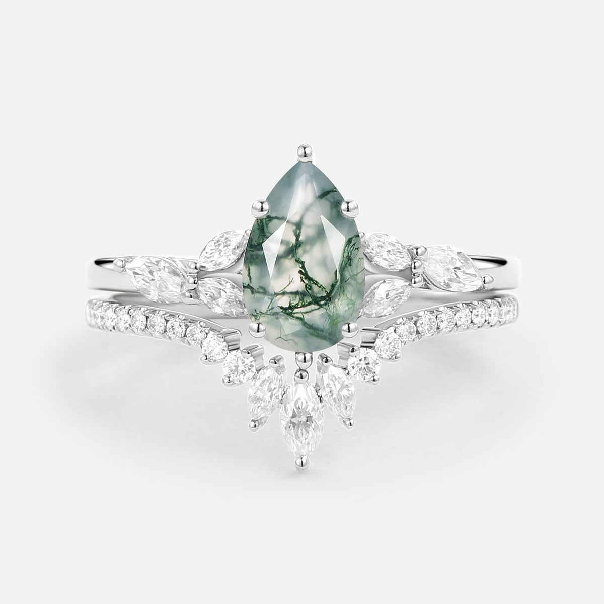 Juliet’s Grove | Pear Moss Agate Engagement Ring Set 2pcs.