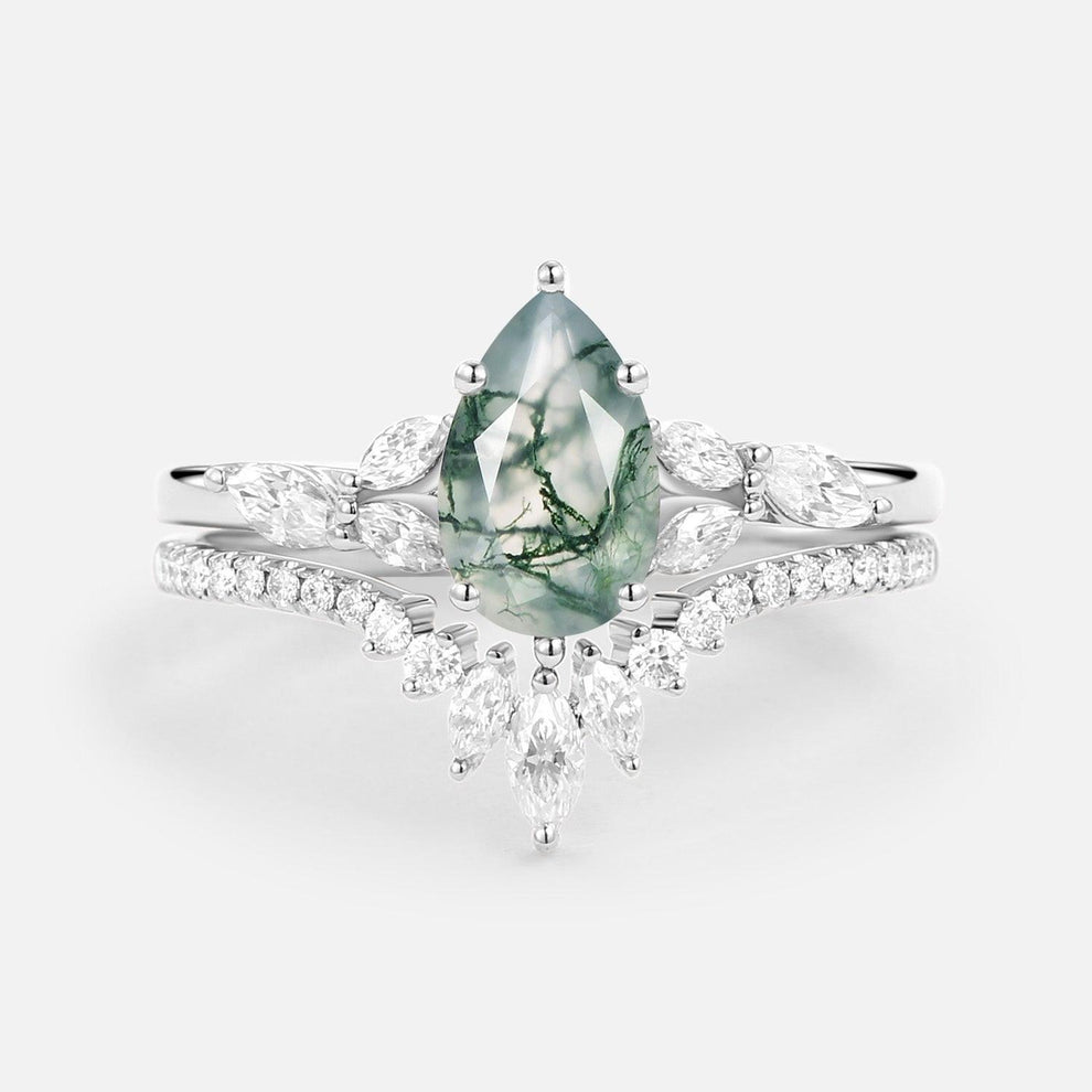 Juliet’s Grove | Pear Moss Agate Engagement Ring Set 2pcs.