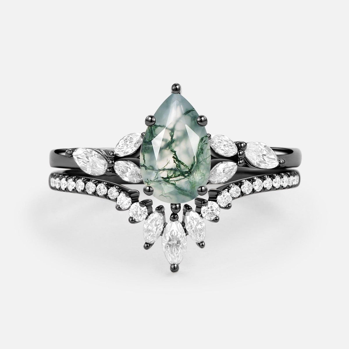 Juliet’s Grove | Pear Moss Agate Engagement Ring Set 2pcs.