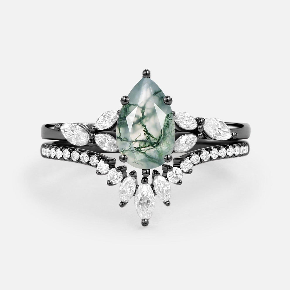Juliet’s Grove | Pear Moss Agate Engagement Ring Set 2pcs.