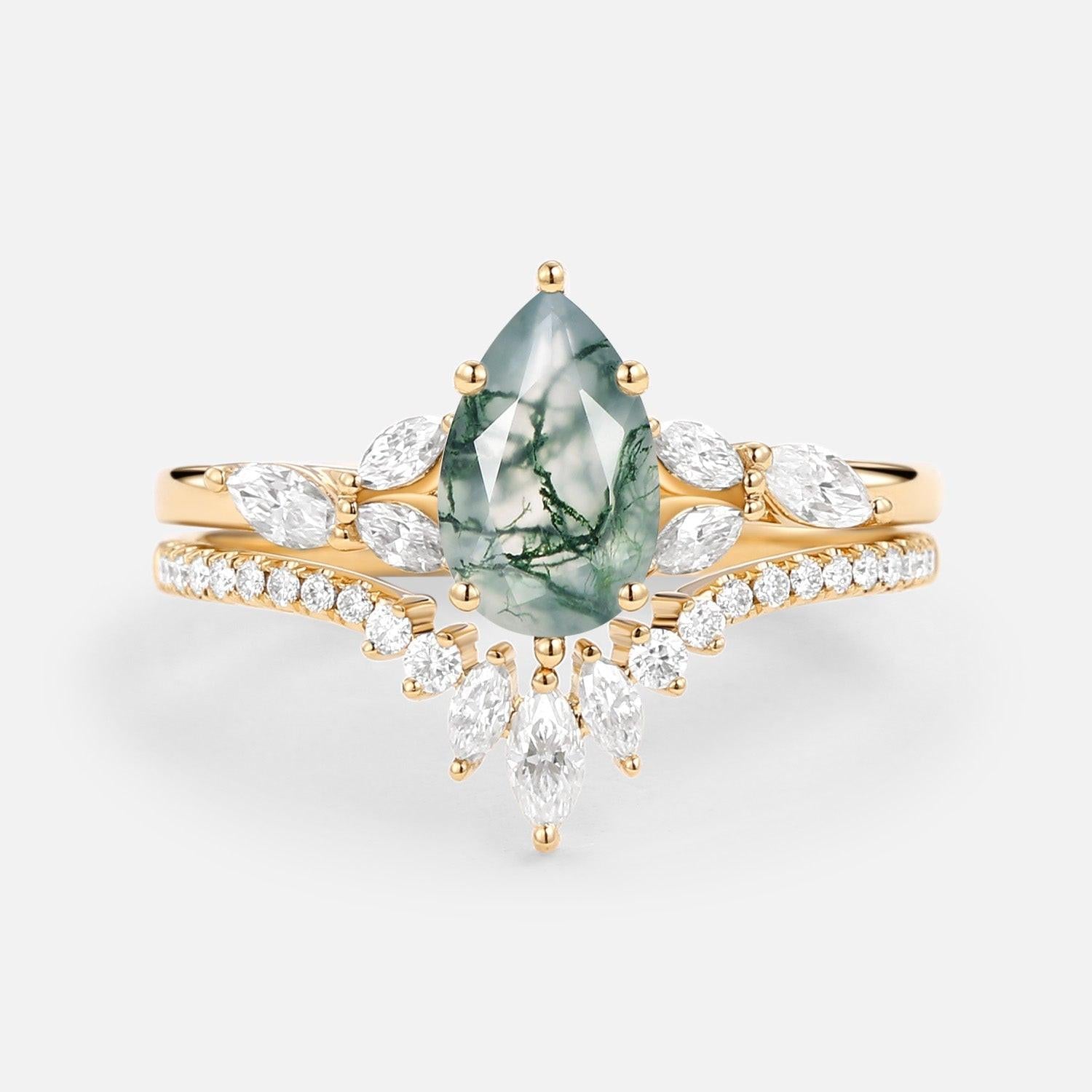 Juliet’s Grove | Pear Moss Agate Engagement Ring Set 2pcs.