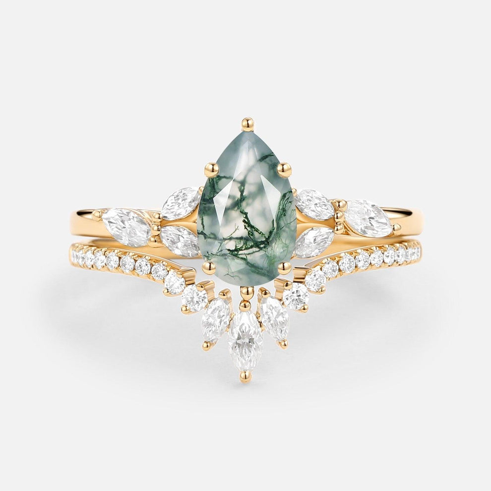 Juliet’s Grove | Pear Moss Agate Engagement Ring Set 2pcs.