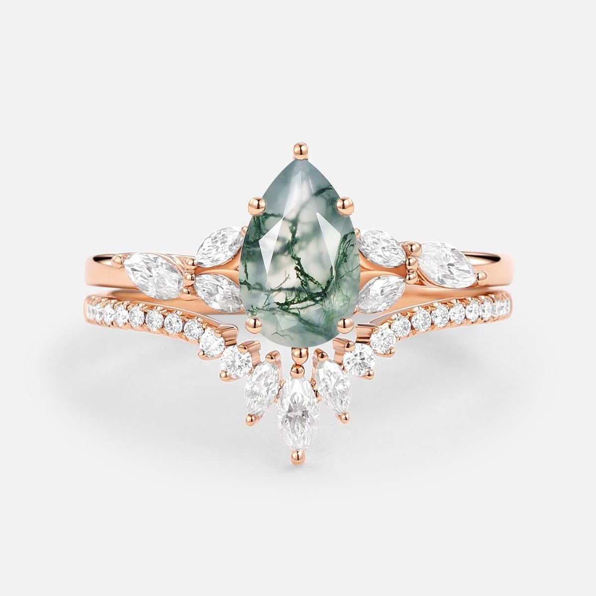 Juliet’s Grove | Pear Moss Agate Engagement Ring Set 2pcs.