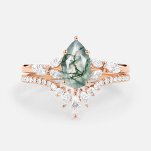 Juliet’s Grove | Pear Moss Agate Engagement Ring Set 2pcs.