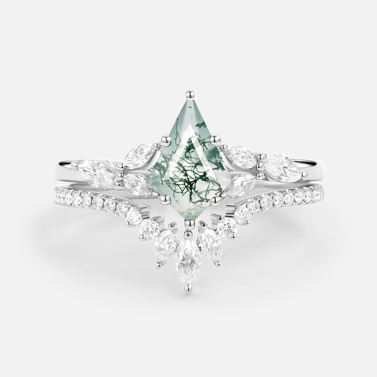 July Kite Cut Moss Agate White Gold Engagement Ring Set 2pcs.