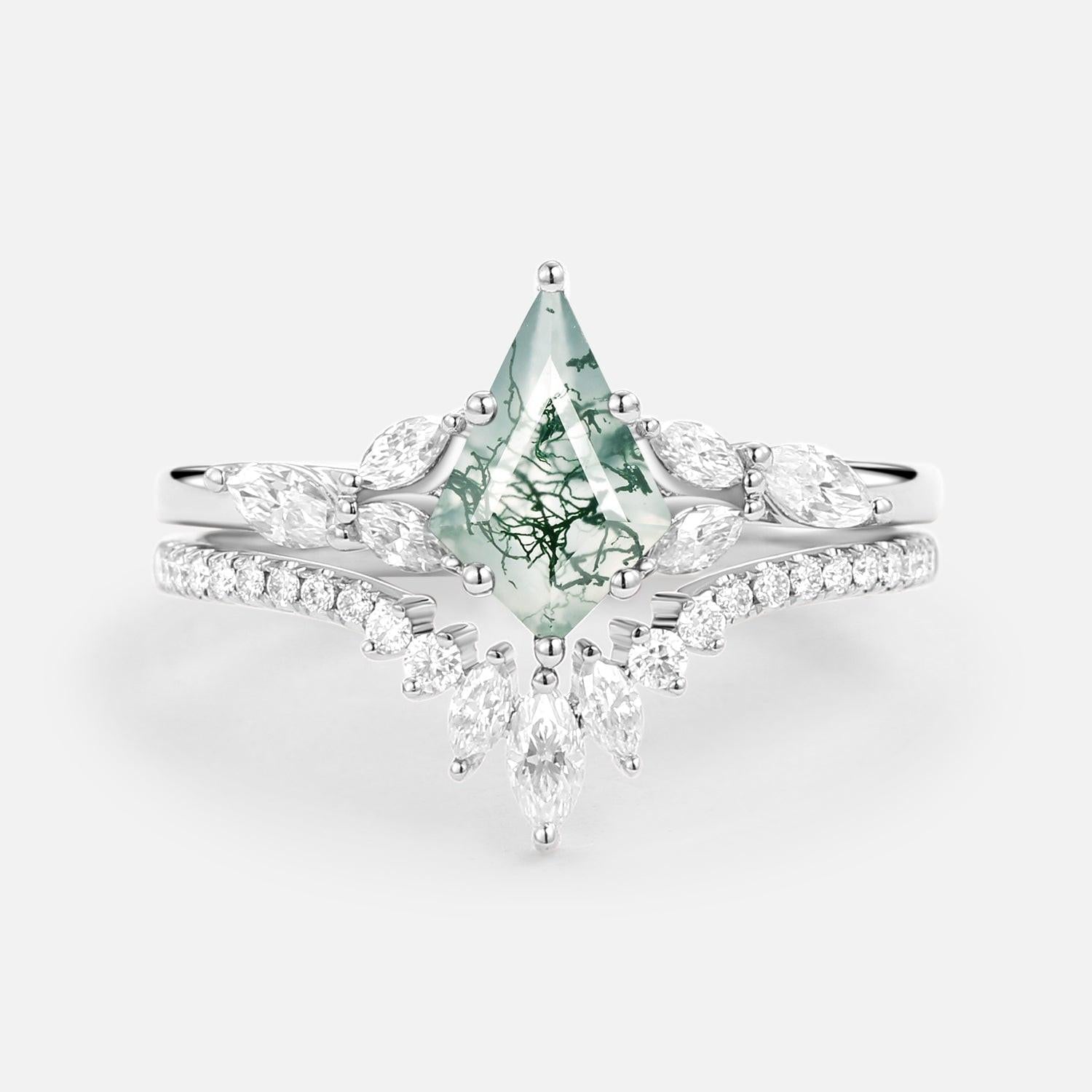July Kite Cut Moss Agate White Gold Engagement Ring Set 2pcs.