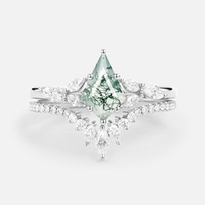 July Kite Cut Moss Agate White Gold Engagement Ring Set 2pcs.