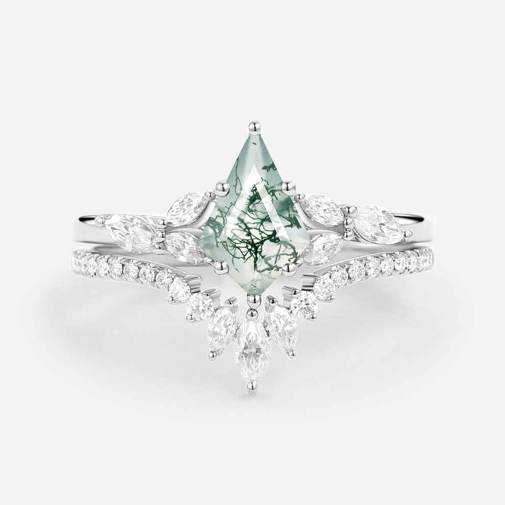 July Kite Cut Moss Agate White Gold Engagement Ring Set 2pcs.