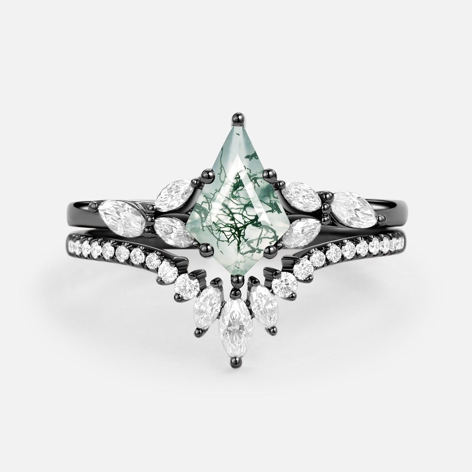 July Kite Cut Moss Agate White Gold Engagement Ring Set 2pcs.