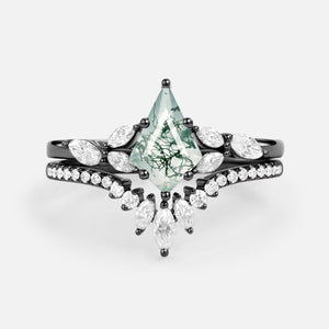July Kite Cut Moss Agate White Gold Engagement Ring Set 2pcs.