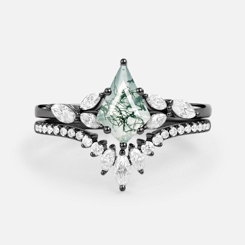 July Kite Cut Moss Agate White Gold Engagement Ring Set 2pcs.