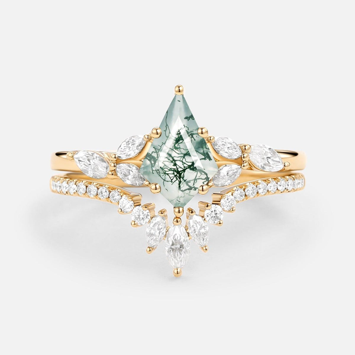 July Kite Cut Moss Agate White Gold Engagement Ring Set 2pcs.