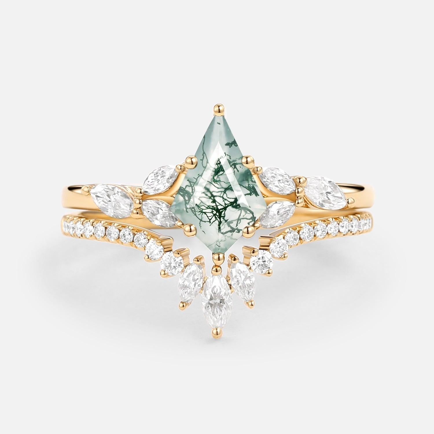 July Kite Cut Moss Agate White Gold Engagement Ring Set 2pcs.