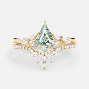 July Kite Cut Moss Agate White Gold Engagement Ring Set 2pcs.