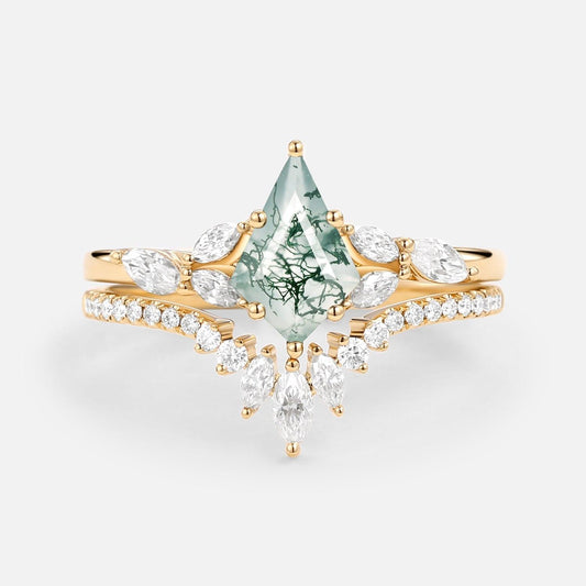 July Kite Cut Moss Agate White Gold Engagement Ring Set 2pcs.