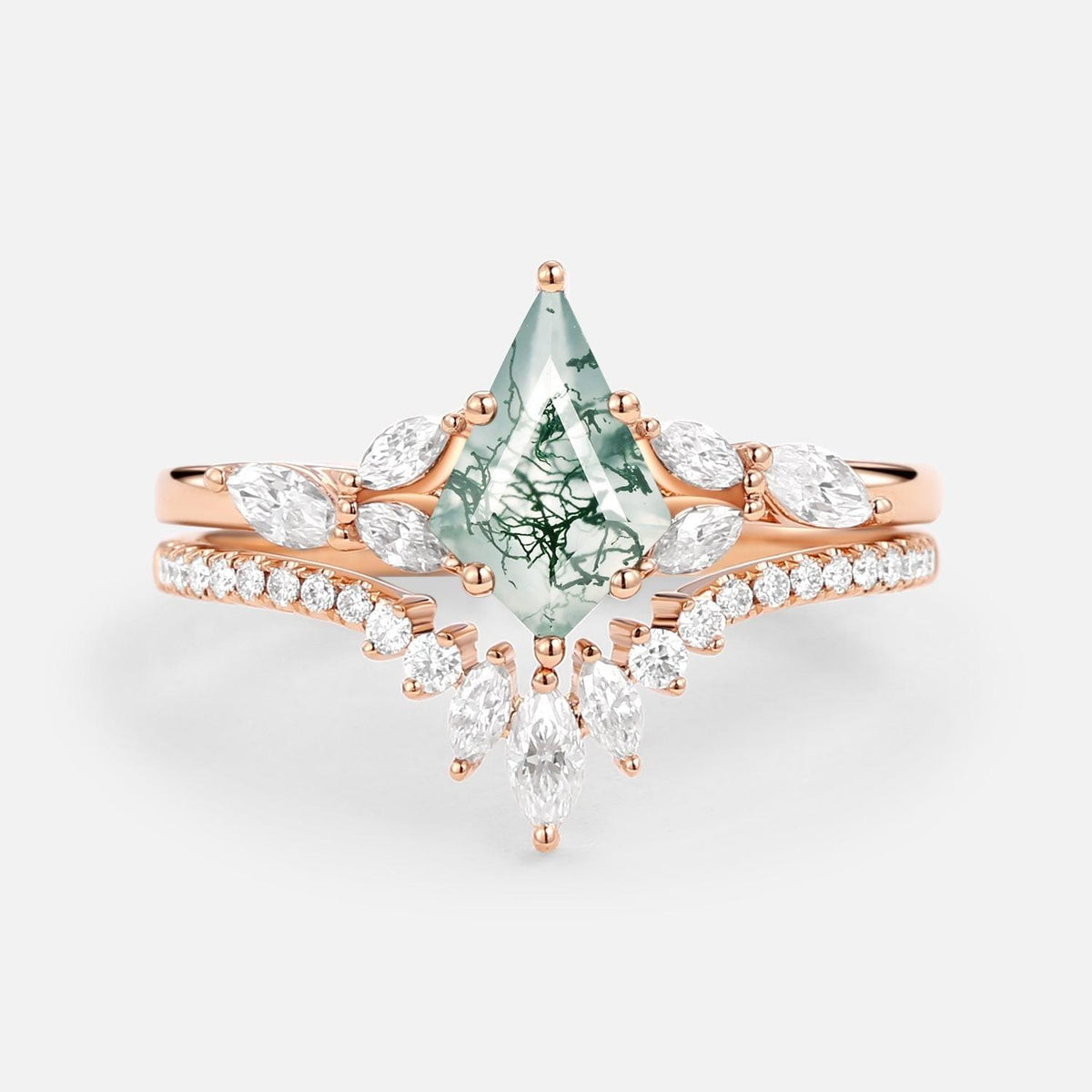 July Kite Cut Moss Agate White Gold Engagement Ring Set 2pcs.