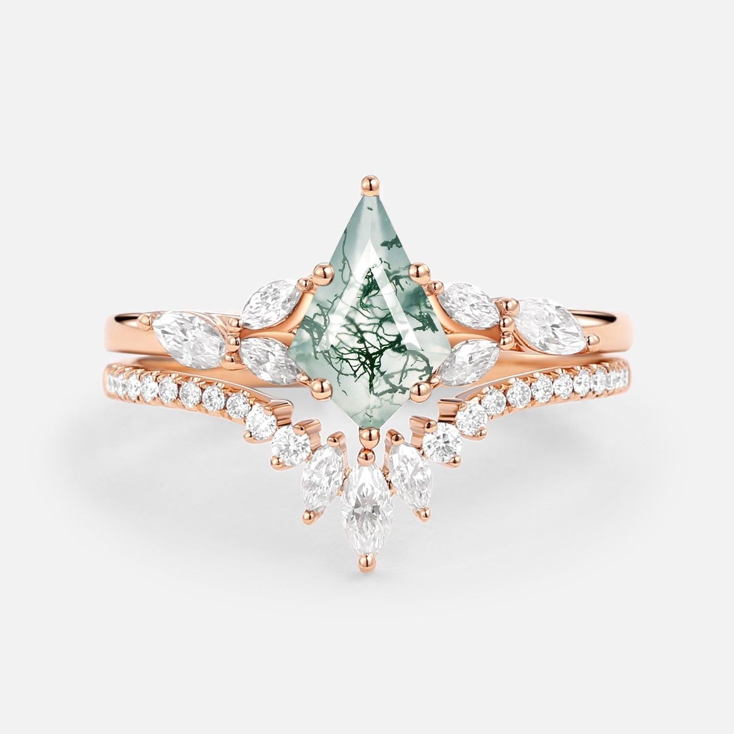 July Kite Cut Moss Agate White Gold Engagement Ring Set 2pcs.