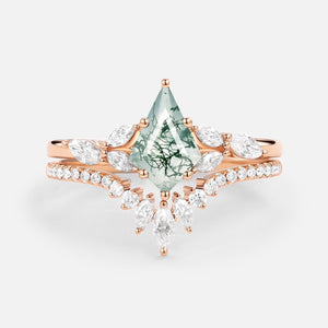 July Kite Cut Moss Agate White Gold Engagement Ring Set 2pcs.