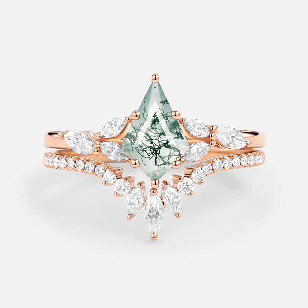 July Kite Cut Moss Agate White Gold Engagement Ring Set 2pcs.
