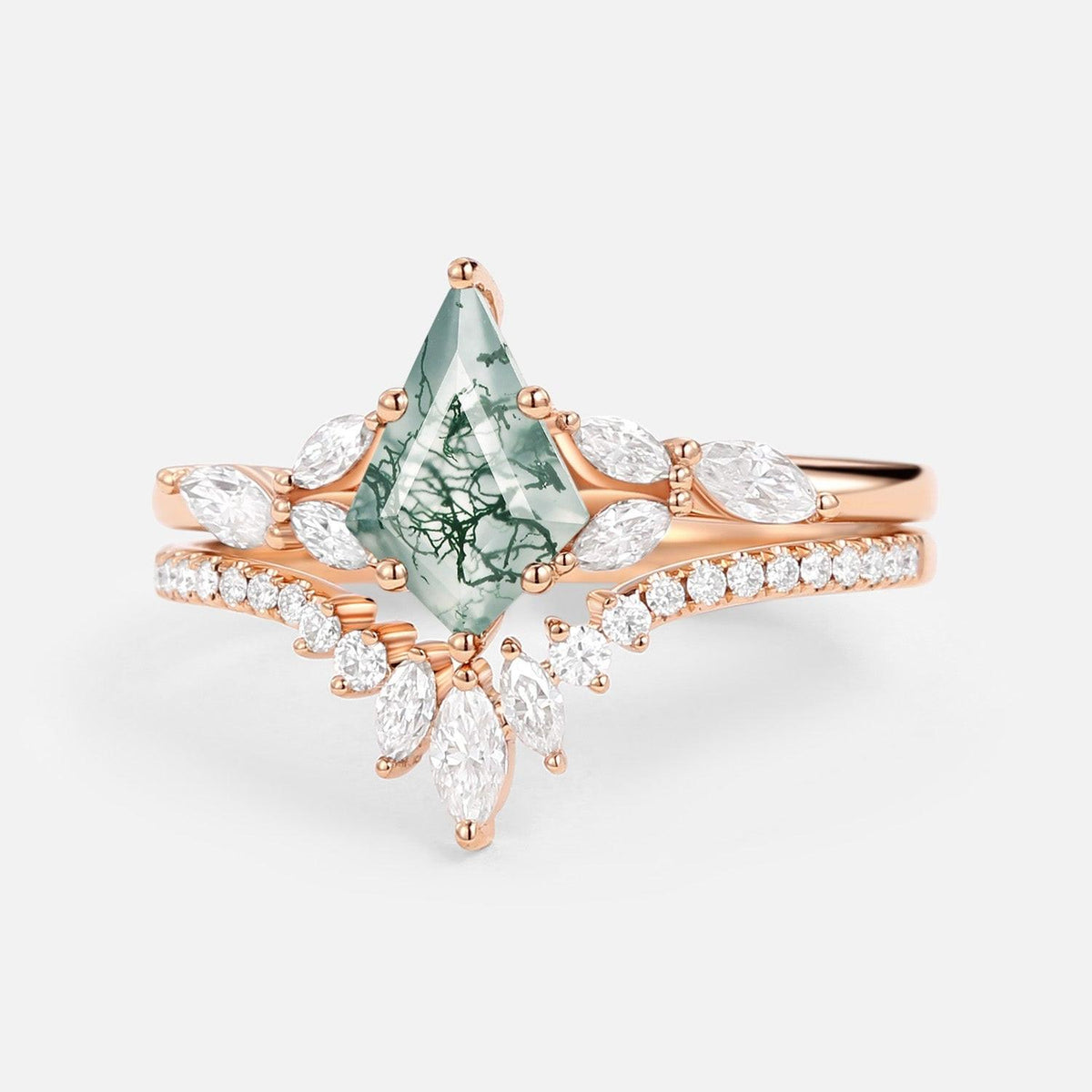 July Kite Cut Moss Agate White Gold Engagement Ring Set 2pcs.