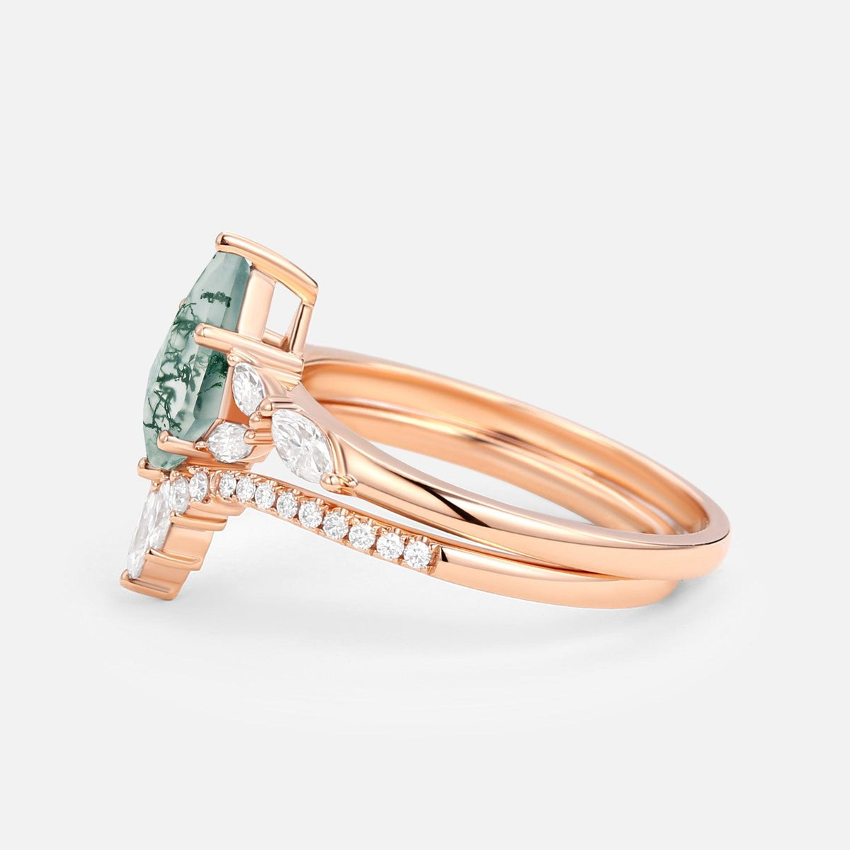 July Kite Cut Moss Agate White Gold Engagement Ring Set 2pcs.