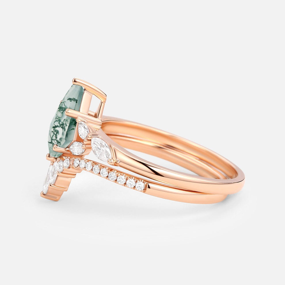 July Kite Cut Moss Agate White Gold Engagement Ring Set 2pcs.