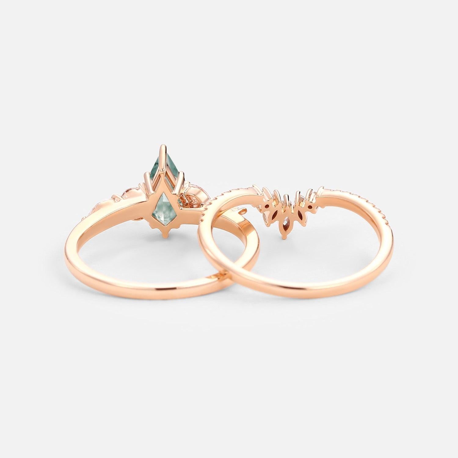 July Kite Cut Moss Agate White Gold Engagement Ring Set 2pcs.