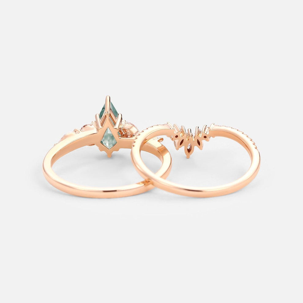 July Kite Cut Moss Agate White Gold Engagement Ring Set 2pcs.