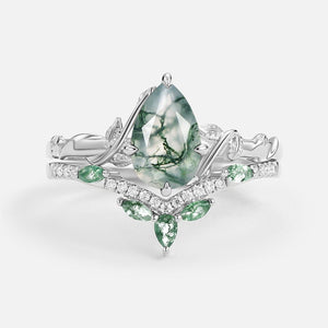 Lark Nature Inspired Pear Cut Moss Agate Leafy Ring Set 2pcs.