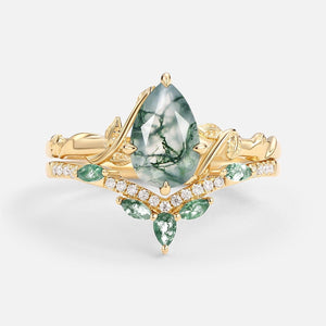 Lark Nature Inspired Pear Cut Moss Agate Leafy Ring Set 2pcs.