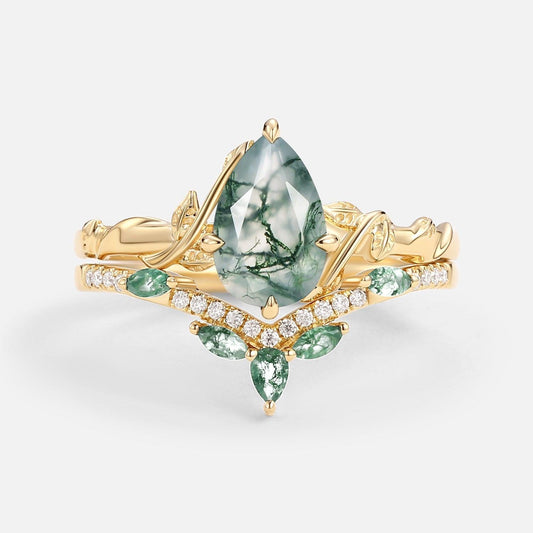 Lark Nature Inspired Pear Cut Moss Agate Leafy Ring Set 2pcs.