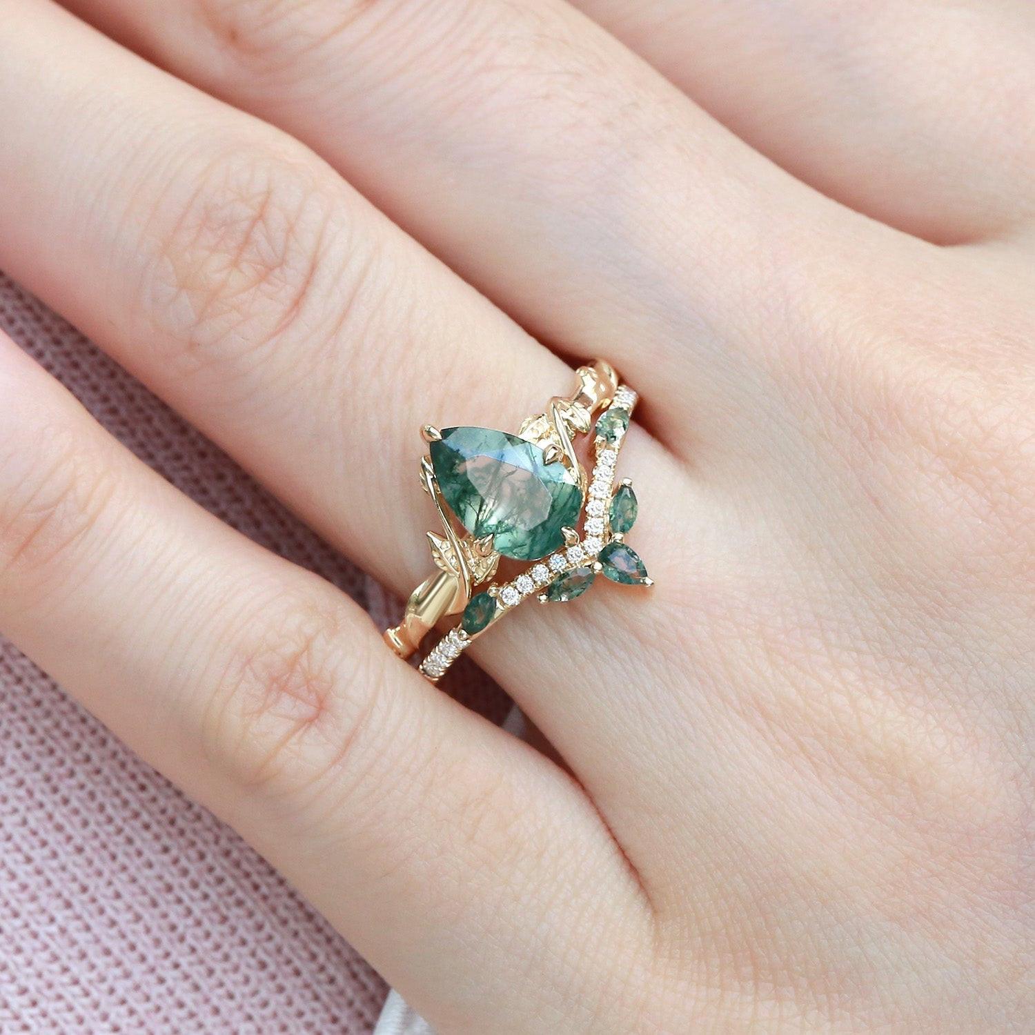 Lark Nature Inspired Pear Cut Moss Agate Leafy Ring Set 2pcs.
