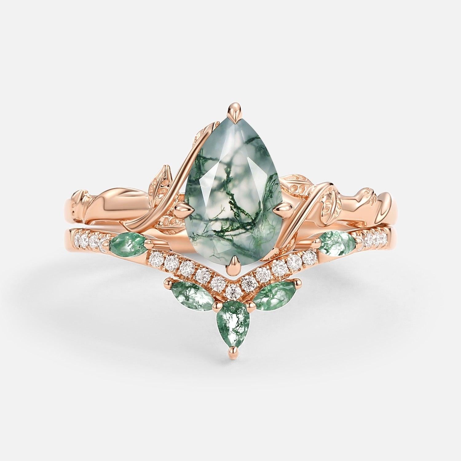 Lark Nature Inspired Pear Cut Moss Agate Leafy Ring Set 2pcs.