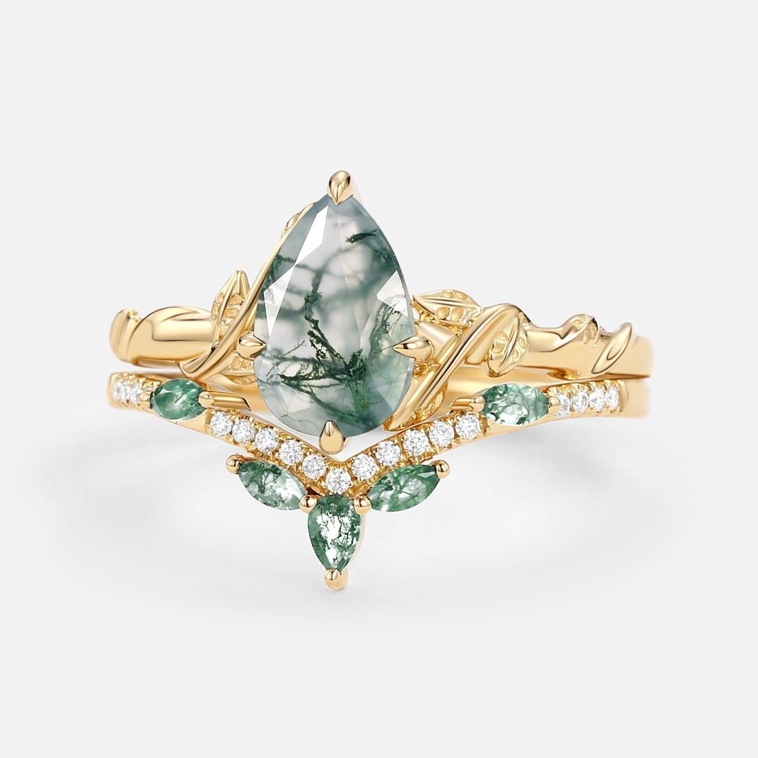 Lark Nature Inspired Pear Cut Moss Agate Leafy Ring Set 2pcs.