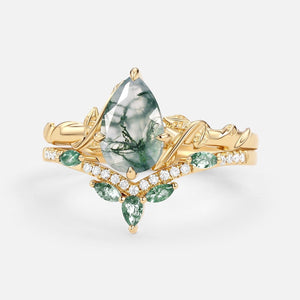 Lark Nature Inspired Pear Cut Moss Agate Leafy Ring Set 2pcs.