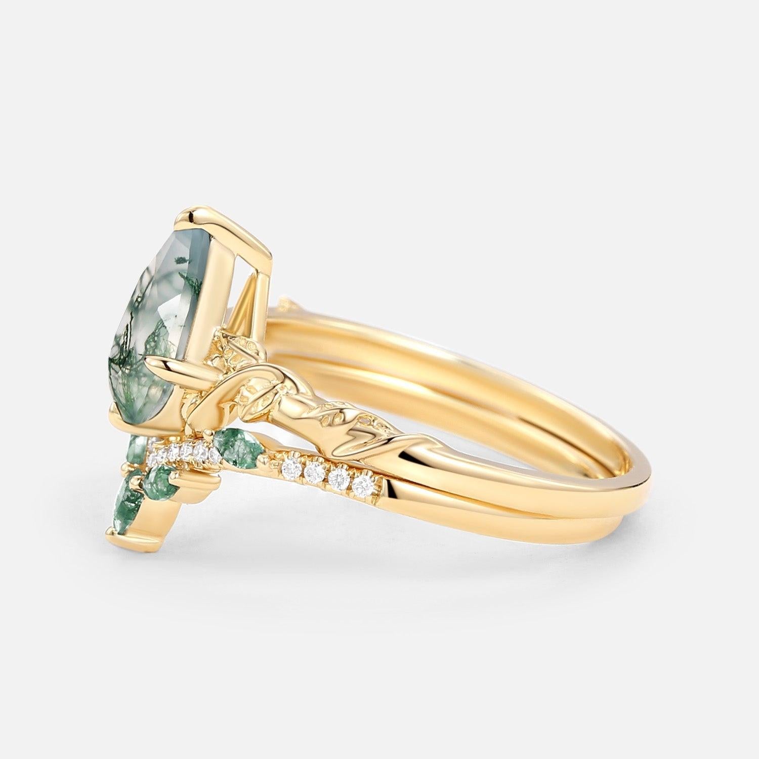 Lark Nature Inspired Pear Cut Moss Agate Leafy Ring Set 2pcs.
