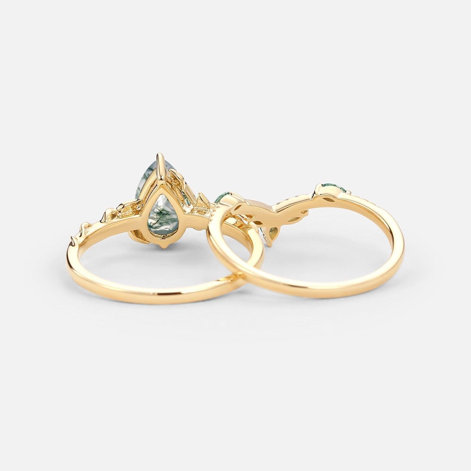 Lark Nature Inspired Pear Cut Moss Agate Leafy Ring Set 2pcs.