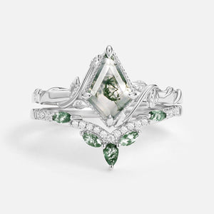 Flora’s Lark Trio | Kite Cut Moss Agate Leafy Couple Ring Set 3pcs.