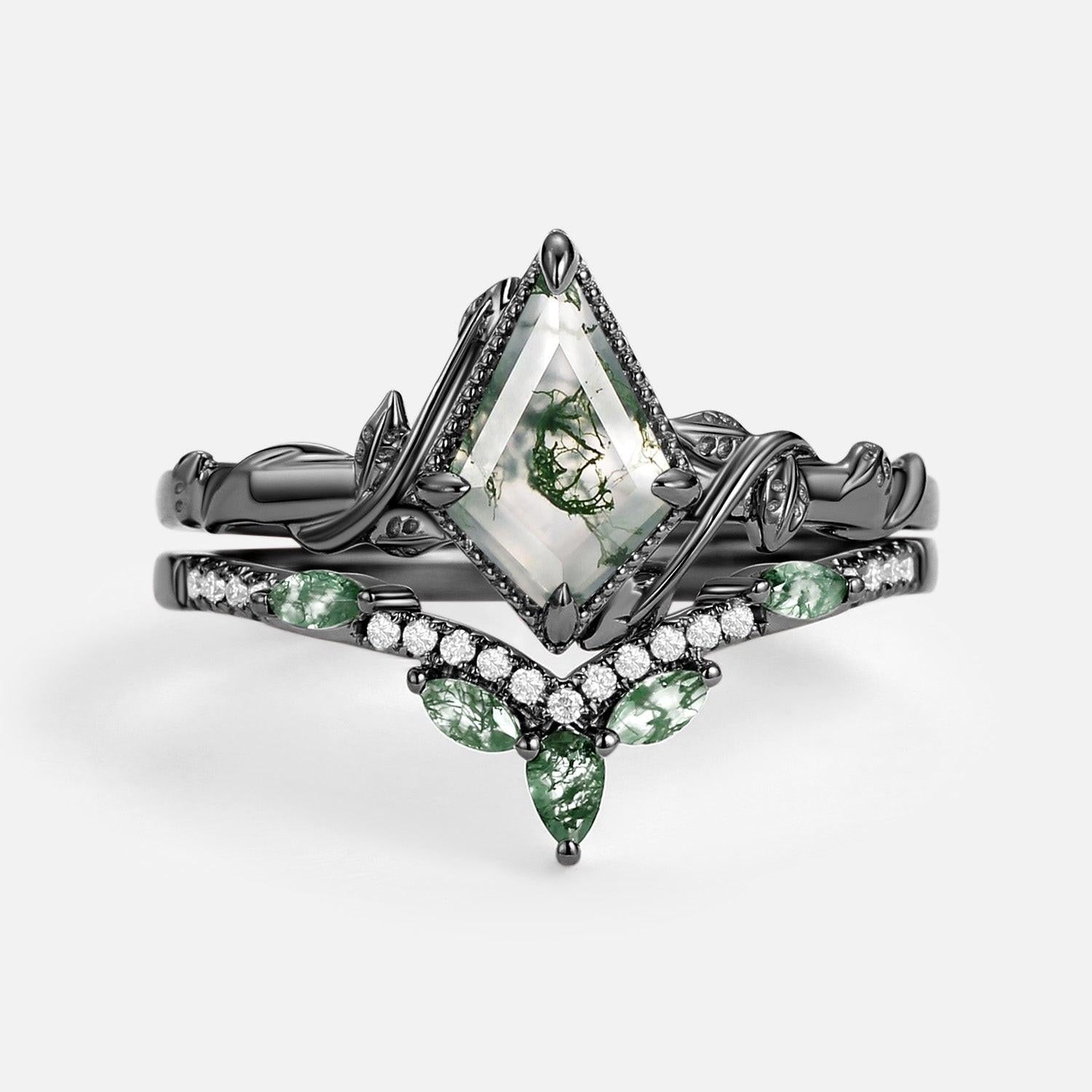 Flora’s Lark Trio | Kite Cut Moss Agate Leafy Couple Ring Set 3pcs.