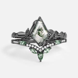 Flora’s Lark Trio | Kite Cut Moss Agate Leafy Couple Ring Set 3pcs.