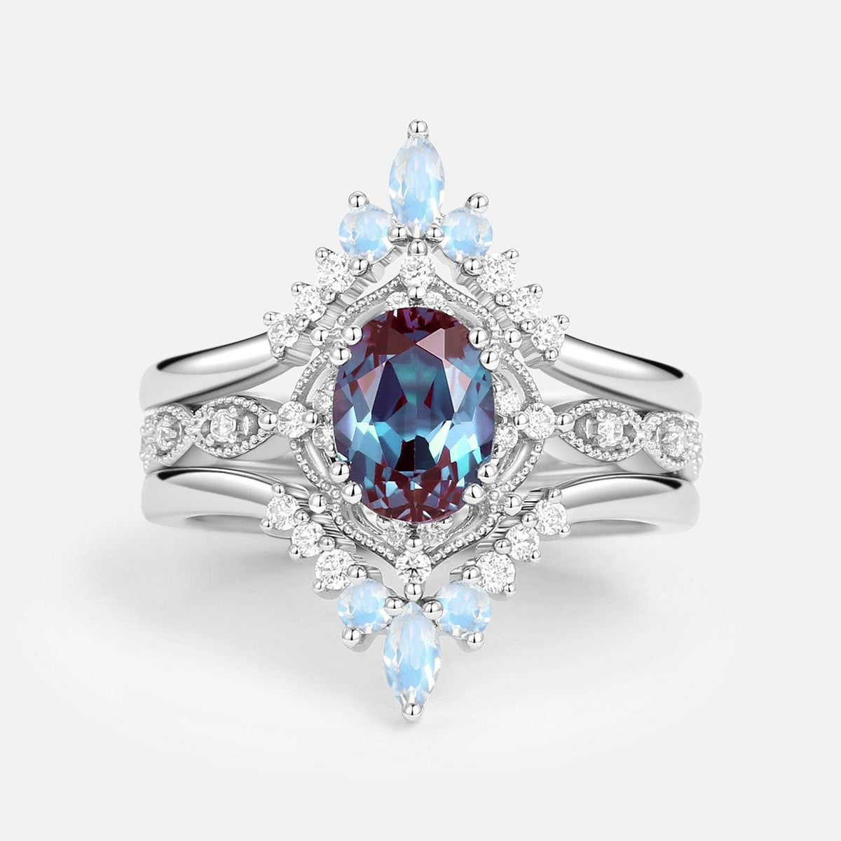 Luna’s Glow | Alexandrite & Moonstone Vintage Bridal Set 3pcs.